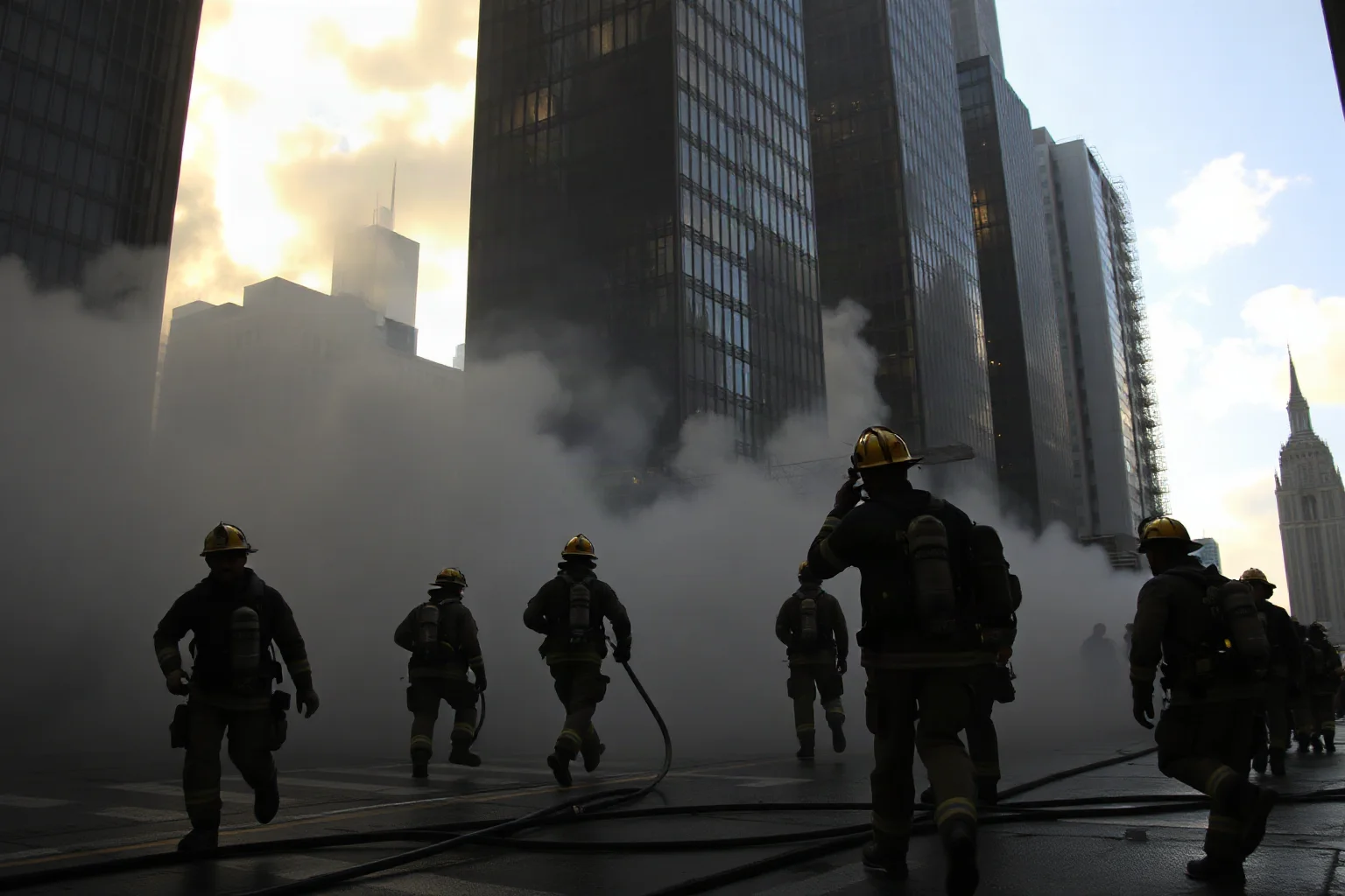 Firefighters and rescue workers running into burning skyscrapers amid smoke and chaos, helping people to safety