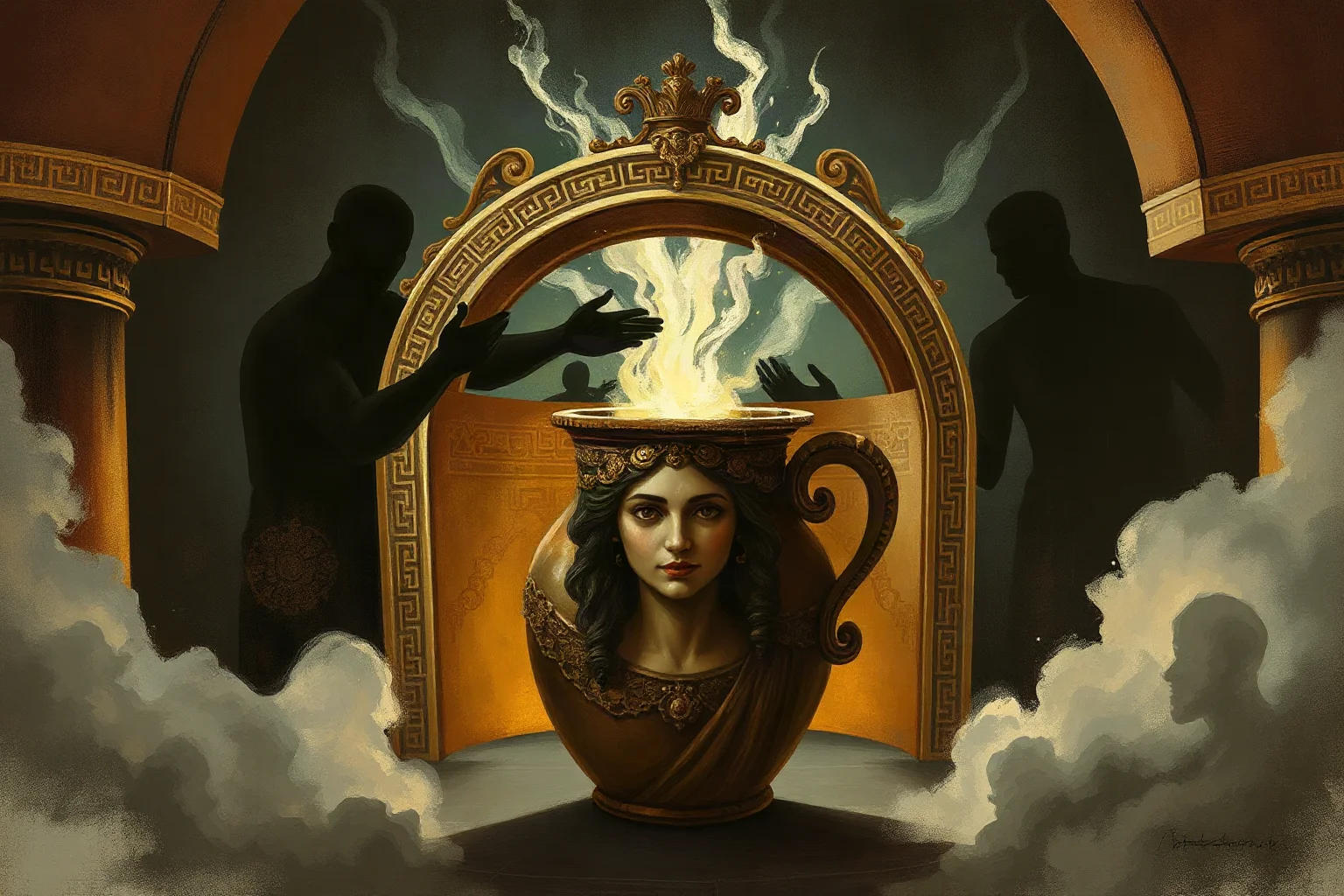 First woman of Greek myth opening an ornate sealed jar as shadowy shapes escape, dramatic mythological illustration