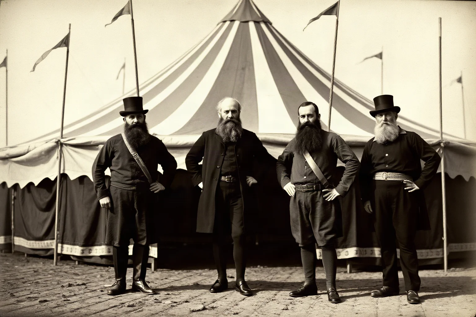 Five bearded brothers in circus ringmaster attire standing before a grand circus tent, mid-19th century