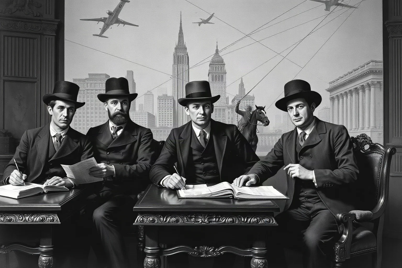Five brothers in 19th-century banker attire at desks in different cities connected by illustrated lines and fast-moving couriers on horseback