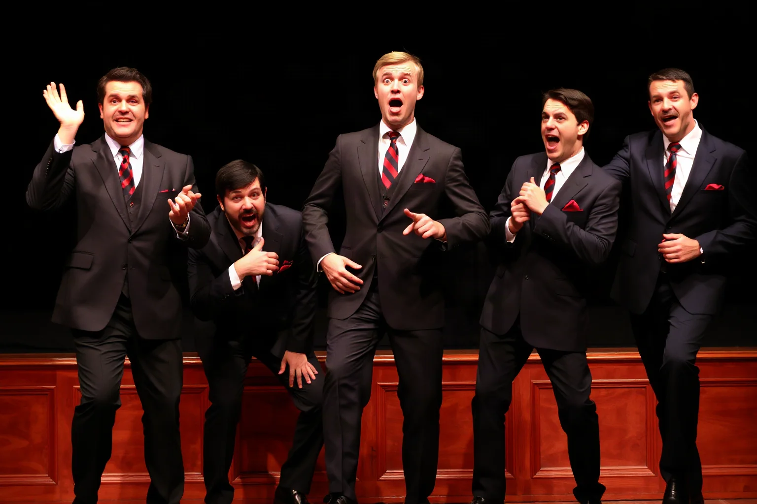 Five men in vaudeville-era suits performing on stage with exaggerated comedic expressions and physical comedy poses