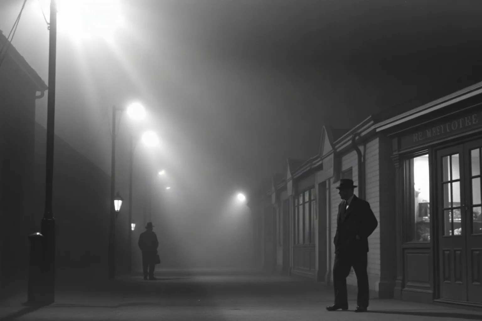 Foggy 1930s English industrial town street at night with a shadowy silhouette figure and startled passerby