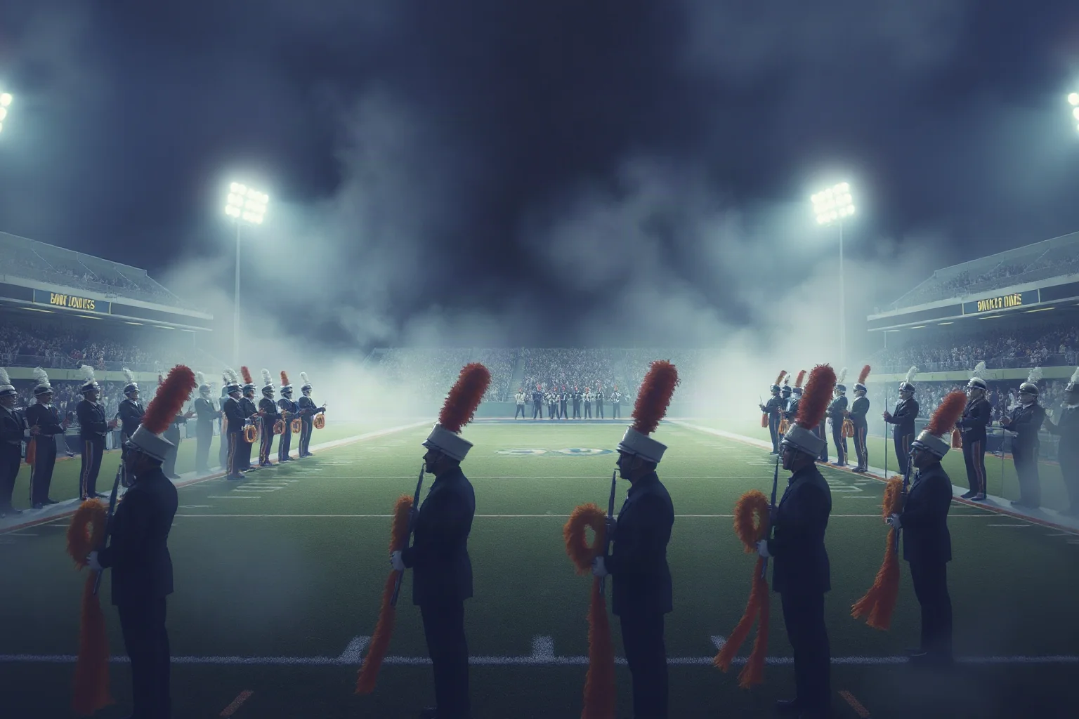Foggy college football stadium at night with two rival marching bands facing each other, illustrative