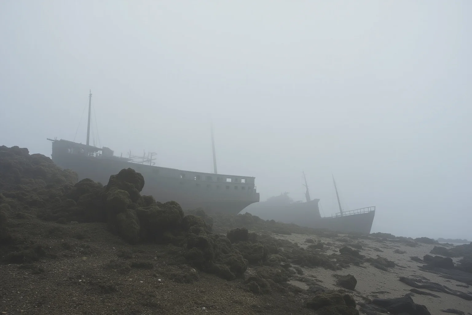 22 Ocean Mysteries We Still Haven't Solved 20 Foggy rocky coastline with the silhouettes of old shipwrecks partially buried in sand