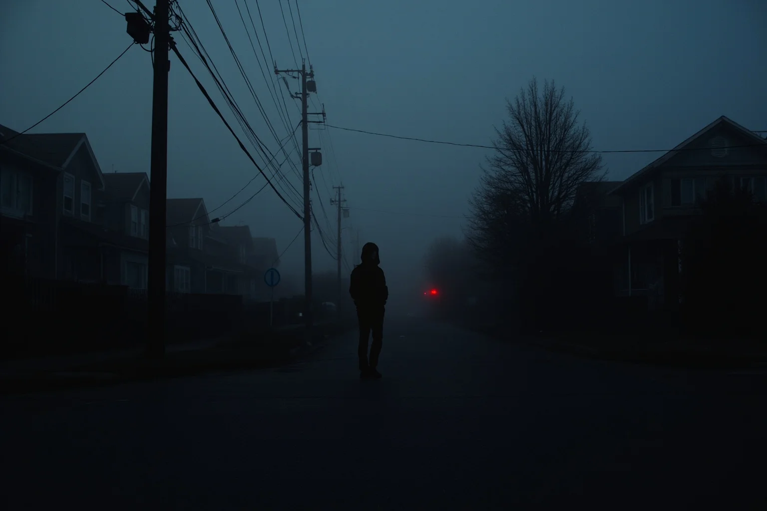Foggy suburban street corner at dusk with a shadowy figure suggestion, no explicit character detail
