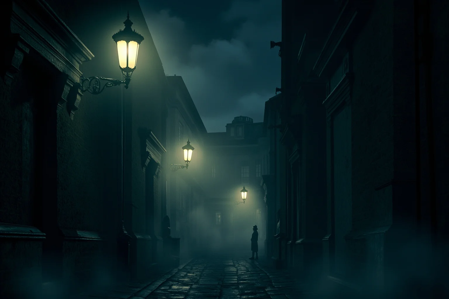 22 Creepiest People in History (And the Truth Behind Their Legends) 9 Foggy Victorian London alley at night with gas lamps, eerie historical illustration