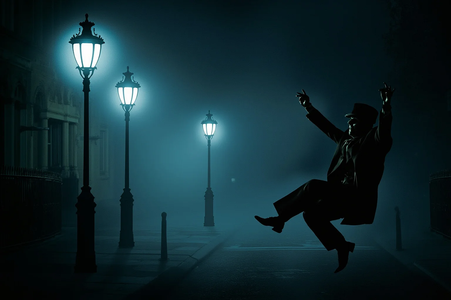 Foggy Victorian London street at night with gas lamps and a leaping shadowy silhouette, illustration style