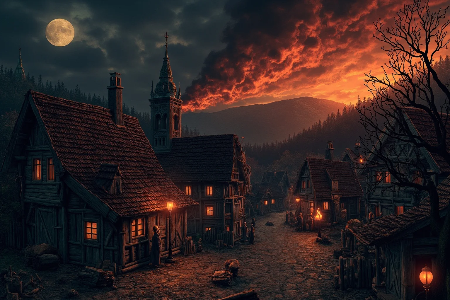 Folkloric Eastern European village illustration with fire and moonlight, myth-inspired mood