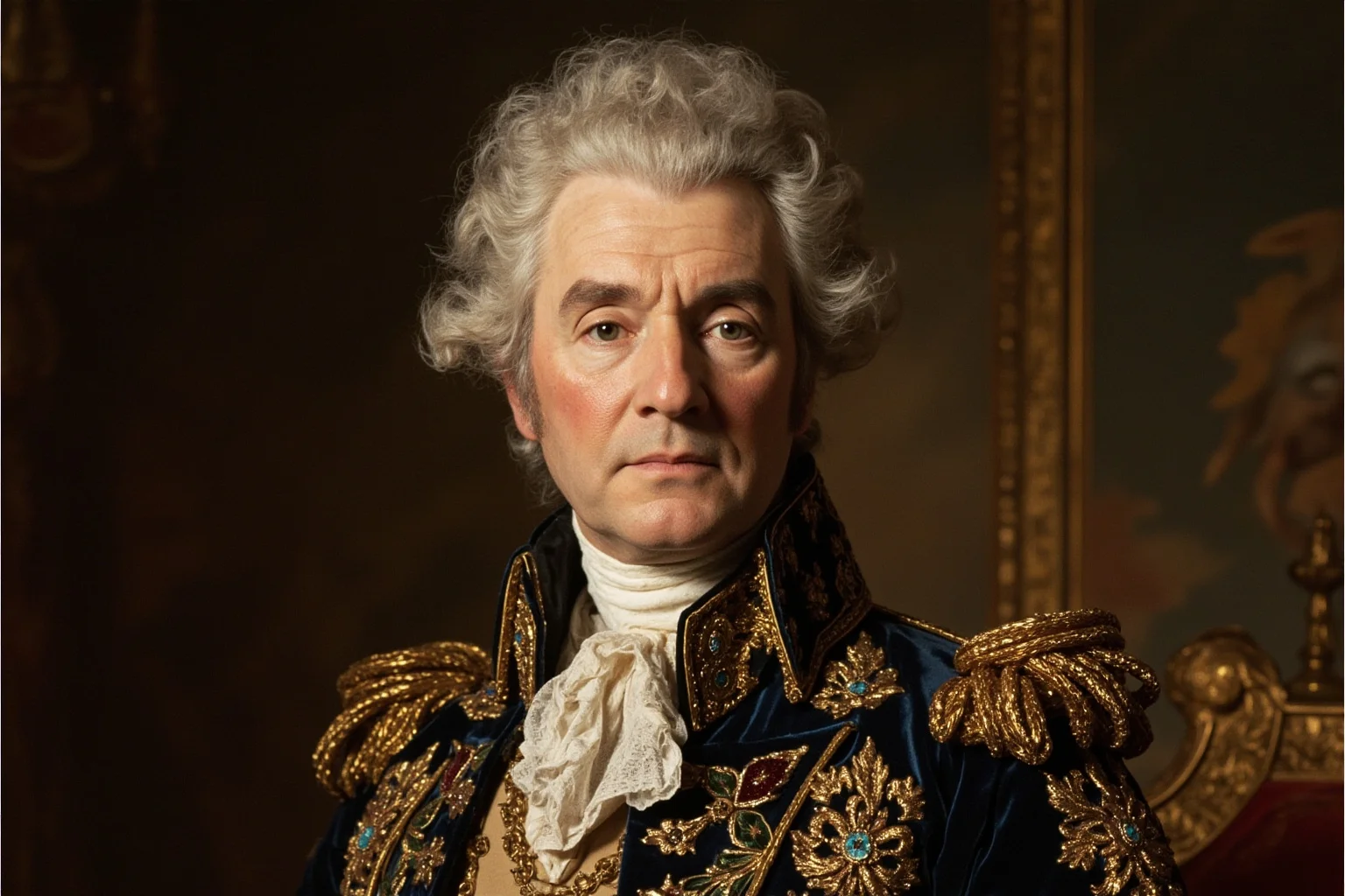 Formal 18th century royal court portrait of a French king in an ornate powdered wig and richly embroidered coat, palace interior background