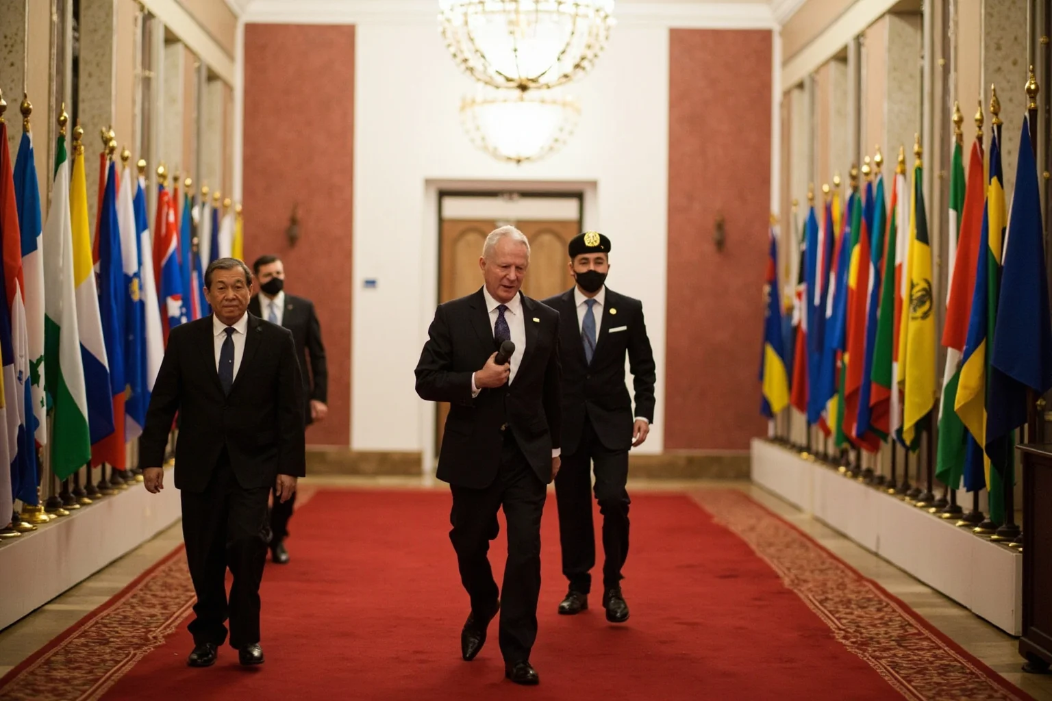 Formal diplomatic reception hall with flags of different nations, an official being escorted toward an exit door