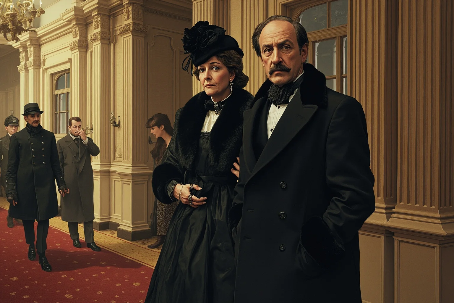Star-Crossed Lovers: The 22 Greatest Historical Romances Ever 8 Formal Victorian royal couple in mourning attire standing in a palace hallway, illustrated style