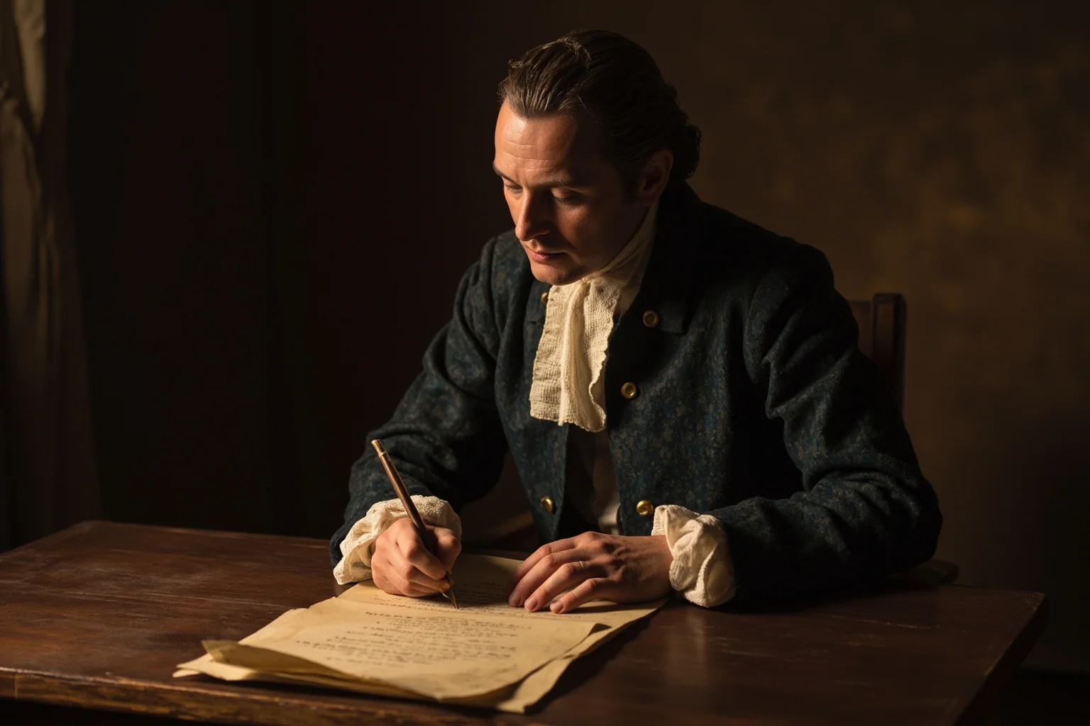 Founding-era statesman in colonial dress writing at a wooden desk with a quill and parchment