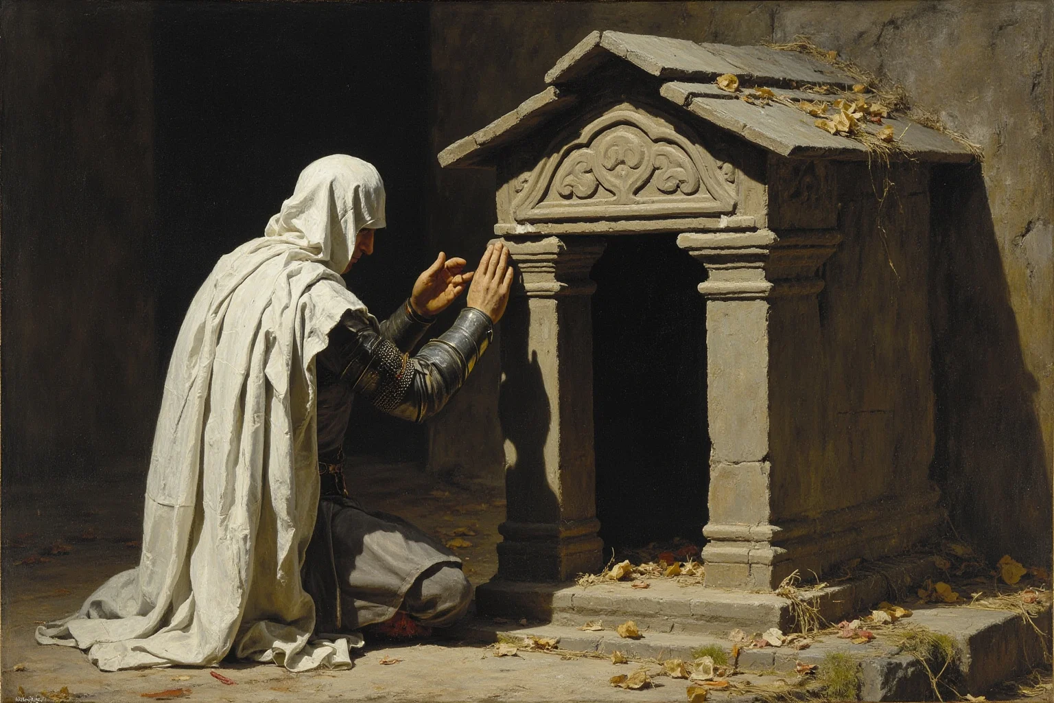 22 Most Notorious Knights From History: Heroes, Villains, and Legends 14 Founding knight in simple white mantle kneeling in prayer beside a humble stone chapel