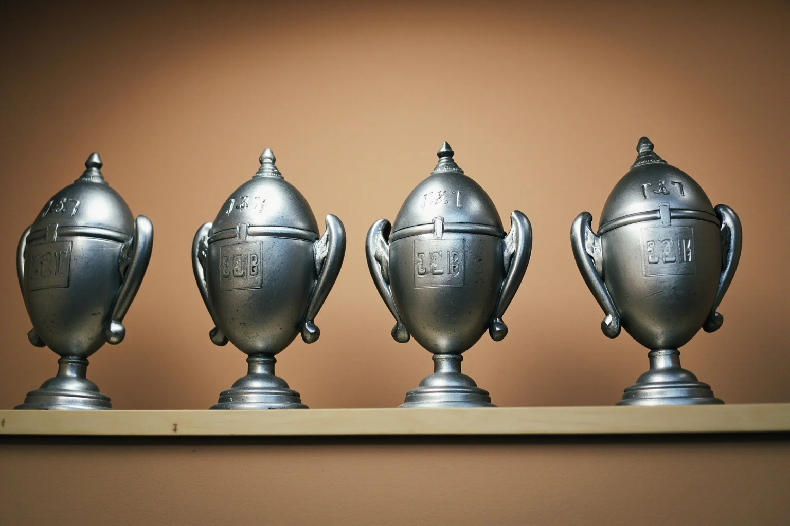 Longest Championship Droughts In Sport History 11 Four faded silver football-shaped trophies lined up but slightly out of reach on a high shelf, symbolic illustration