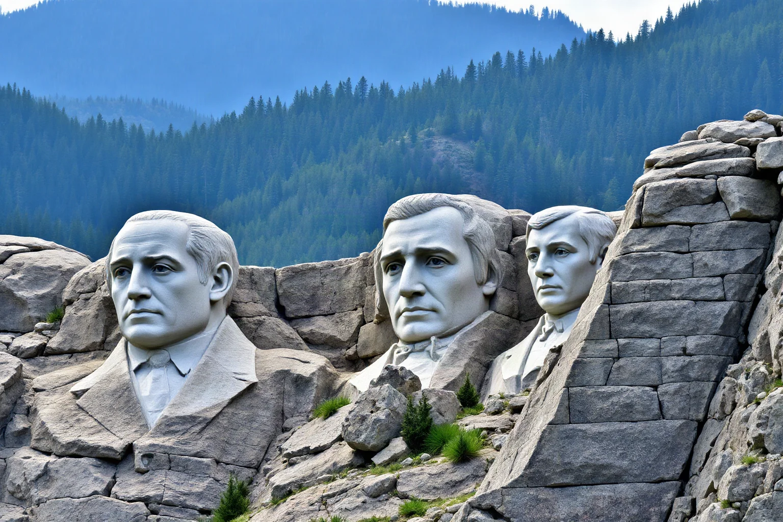 Four presidential faces carved into a granite mountainside, forested hills in the background