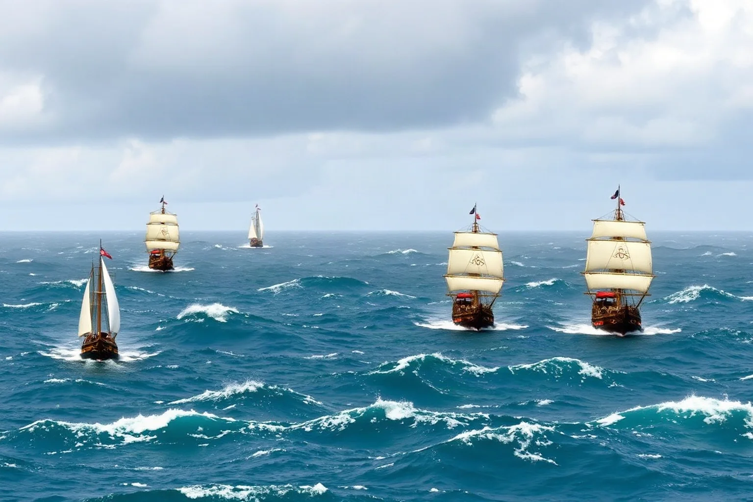 Four small sailing ships crossing a stormy Atlantic Ocean at different points, representing multiple voyages