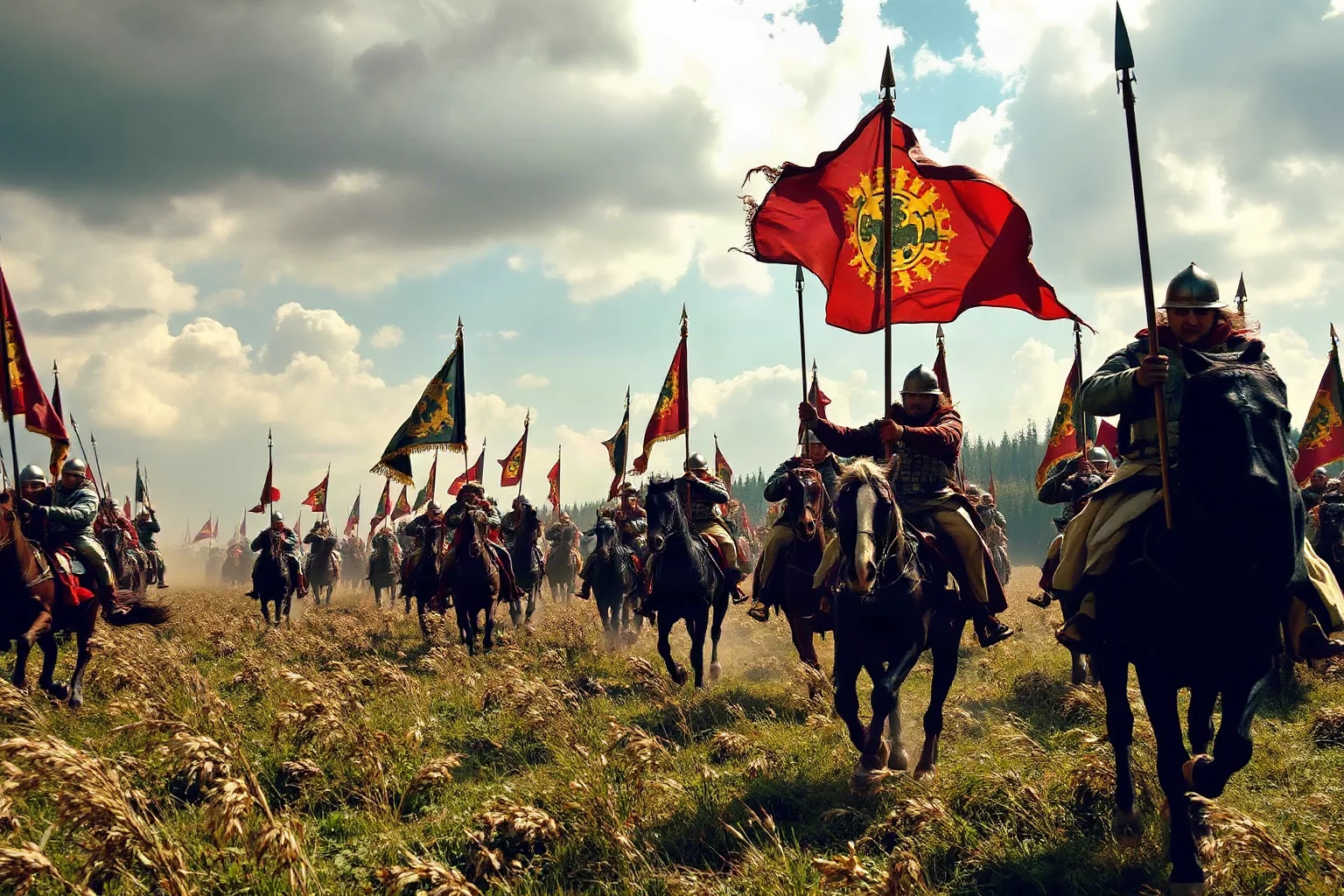 Frankish cavalry charging against an invasion force on an open field in medieval France, banners and weapons clashing