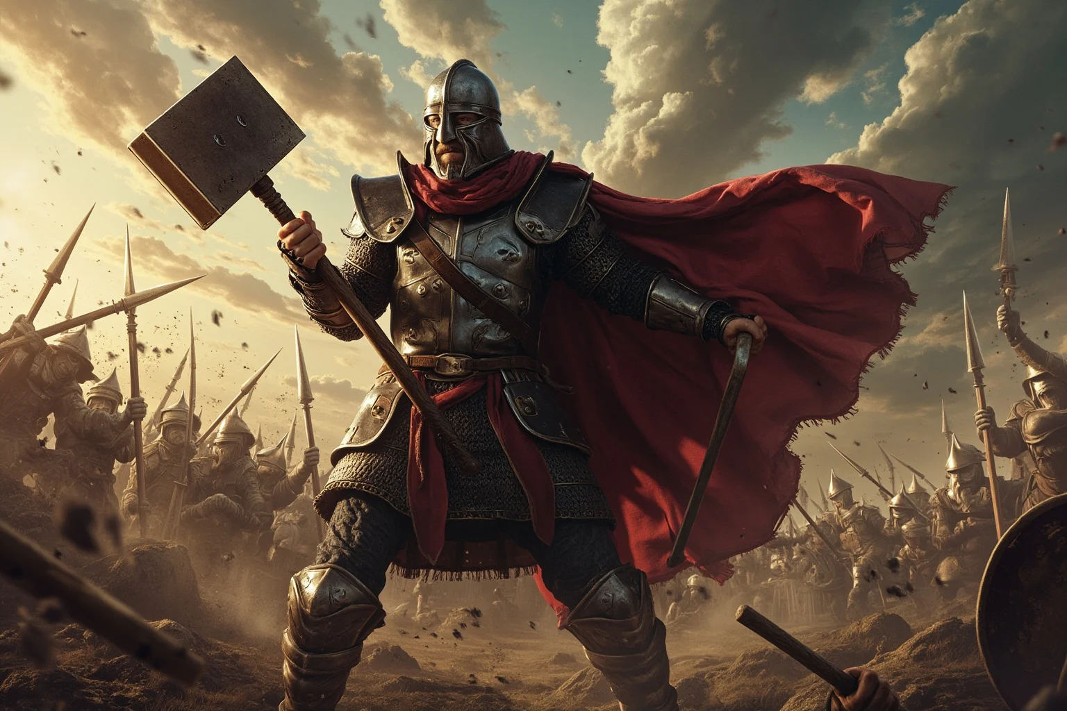 Frankish medieval warrior swinging a massive war hammer on a chaotic battlefield