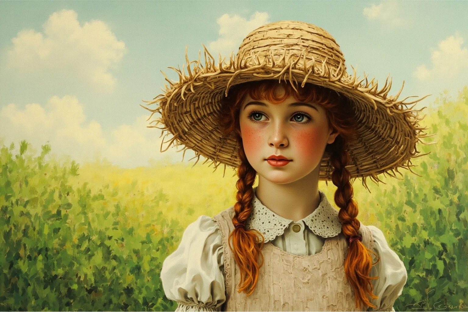 From Cleopatra to George Washington: 21 Most Famous Redheads in History 22 Freckled young girl with red braids in a straw hat standing in a green countryside, early 1900s illustration style
