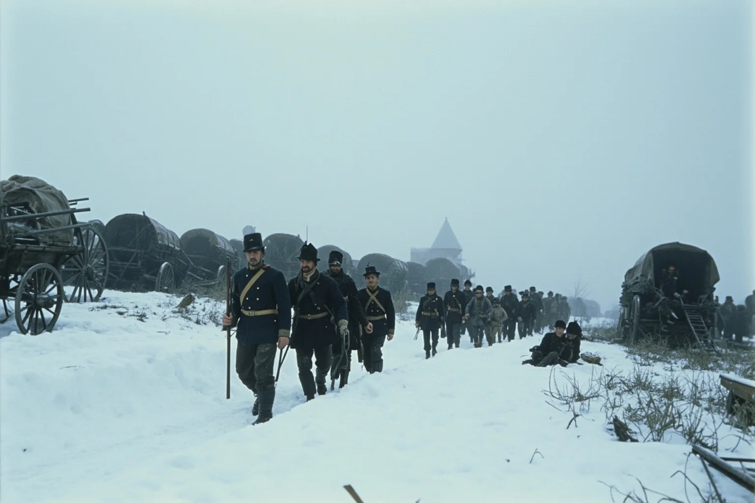 Freezing 19th-century army retreating through deep snow with abandoned wagons and exhausted soldiers
