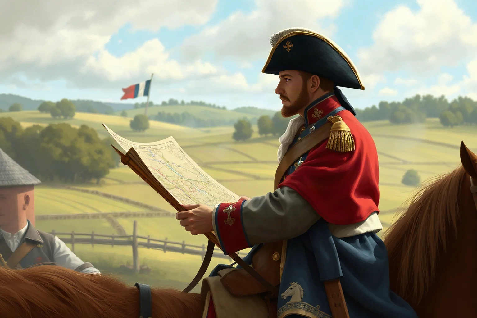 French emperor in a bicorne hat and grey coat studying a battlefield map on horseback, illustrative historical style