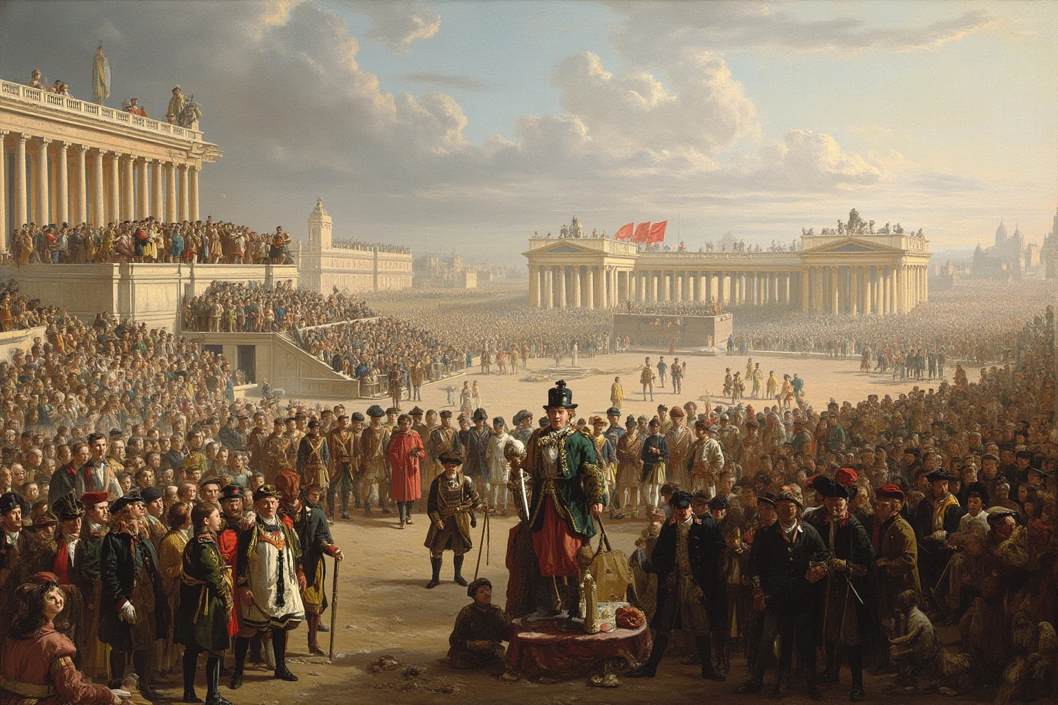 Public Executions Were Once The Most Attended Events In Town — Here's What That Says About Us 17 French Revolution era public square with a raised platform and large crowd, illustrative painting style, non-graphic