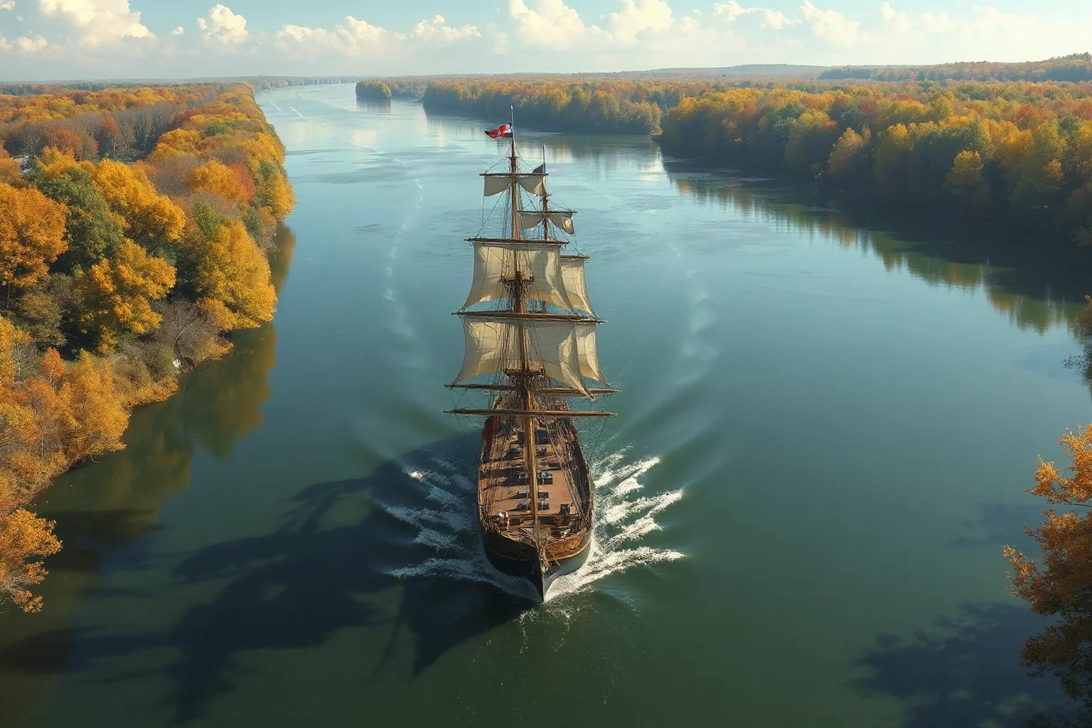 French sailing ship navigating a wide river surrounded by autumn forest, illustrated historical style