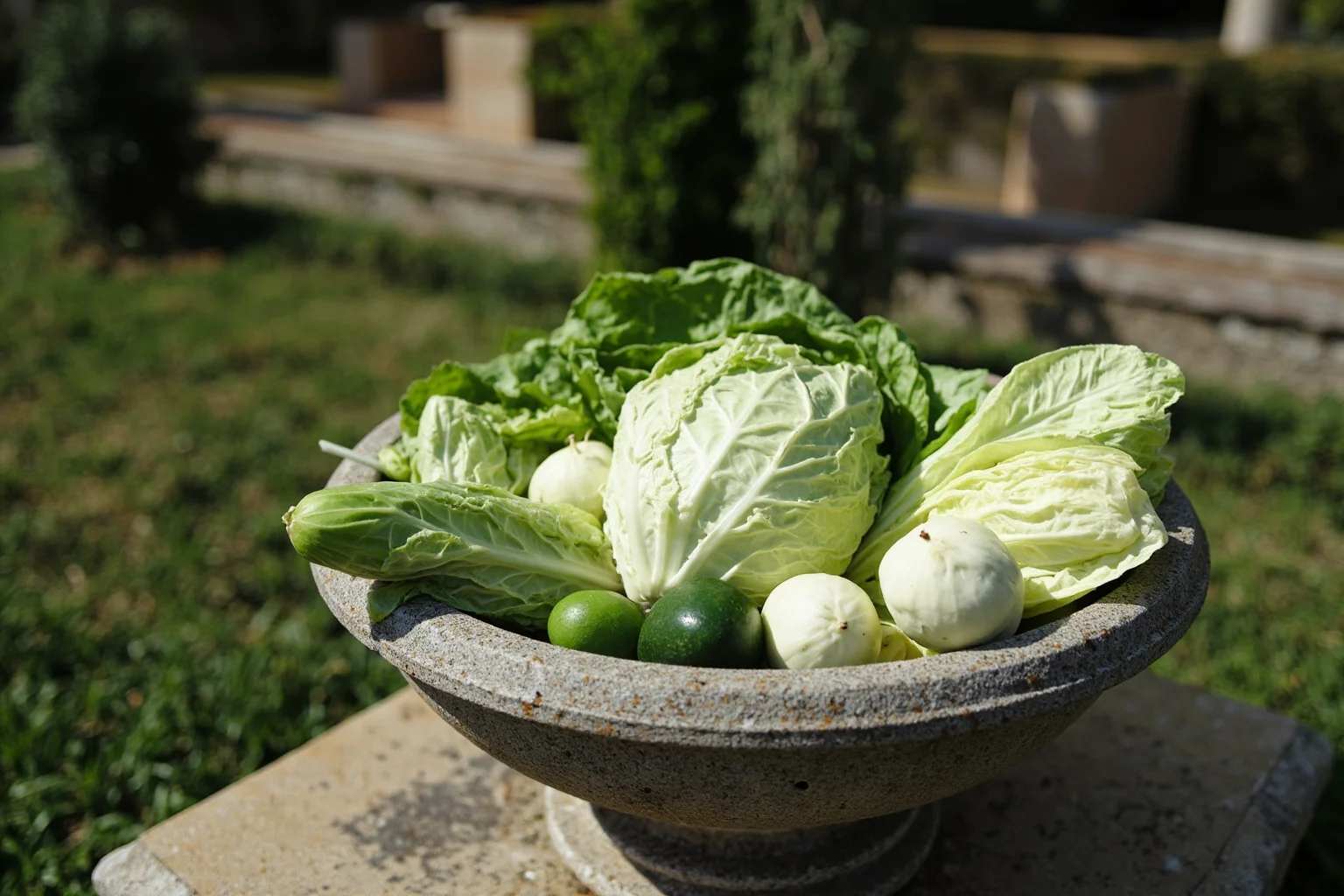 Ancient Greek Diet: 20 Foods Ancient Greeks Ate on a Daily Basis 13 Fresh cabbage, lettuce, and cucumbers arranged in a stone bowl in an ancient Greek garden
