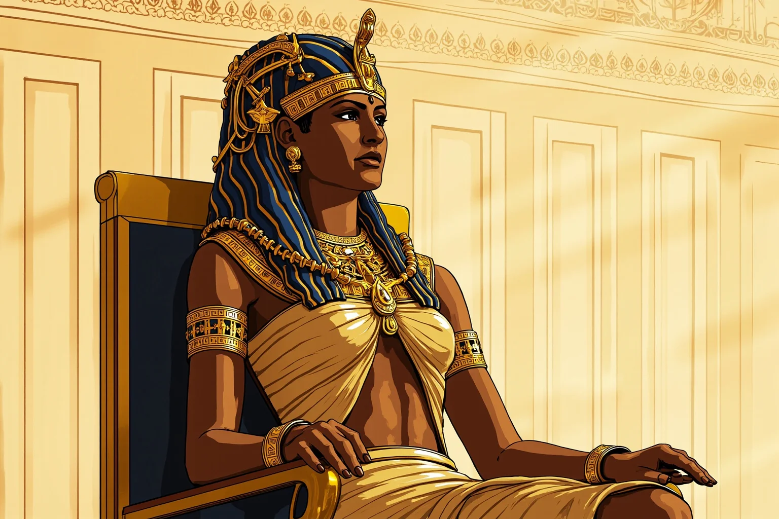 From Cleopatra to George Washington: 21 Most Famous Redheads in History 2 Regal ancient Egyptian queen in ornate gold headdress and jewelry, seated on a throne, artistic historical illustration style