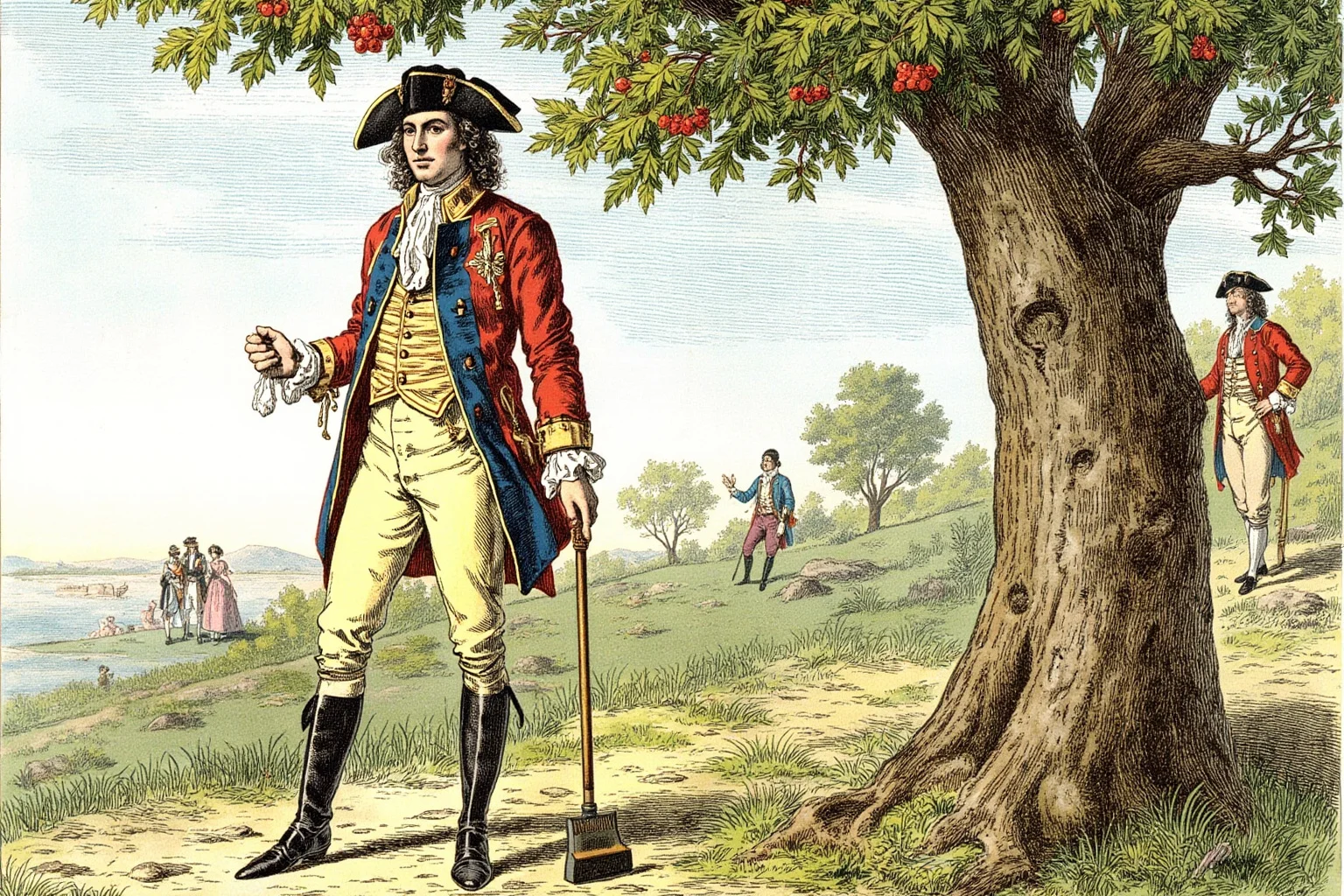 18th-century American general standing beside a cherry tree with an axe, illustrated in a storybook style