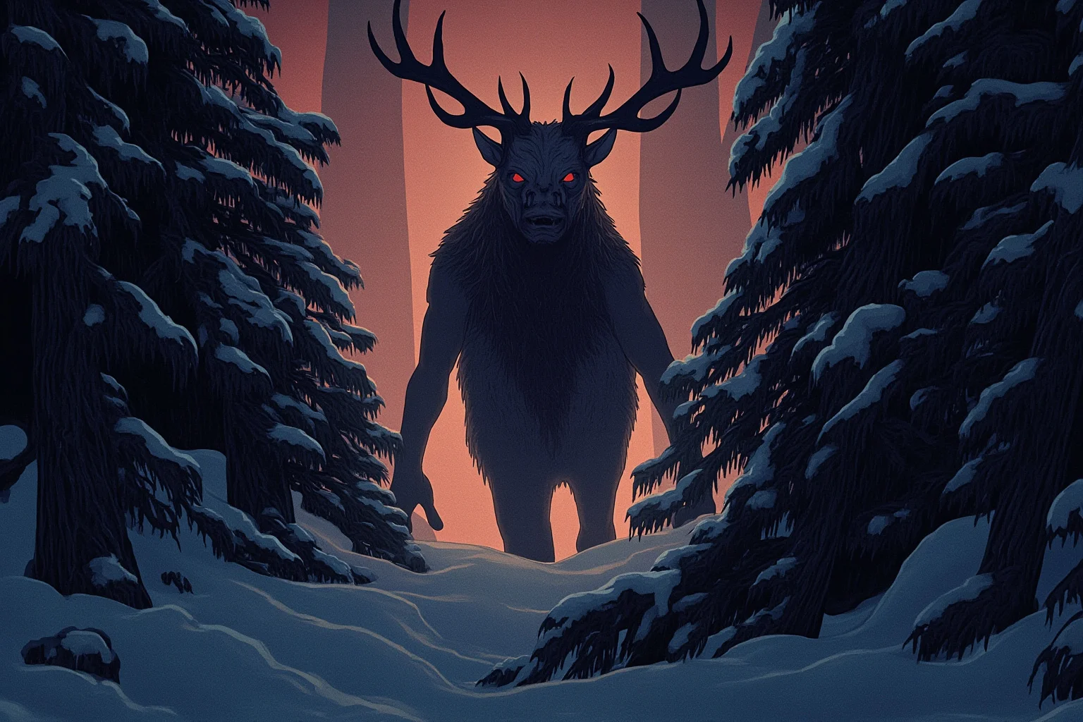 Atmospheric illustration of the Wendigo as a gaunt, antlered figure emerging from a snowy pine forest at dusk