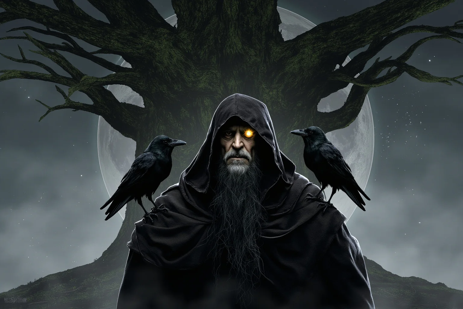 From Thor to Loki: 20 Gods, Goddesses, and Heroes of Norse Mythology 2 An elderly one-eyed king-like figure in a dark cloak with two ravens perched on his shoulders, standing before a great World Tree, digital illustration style