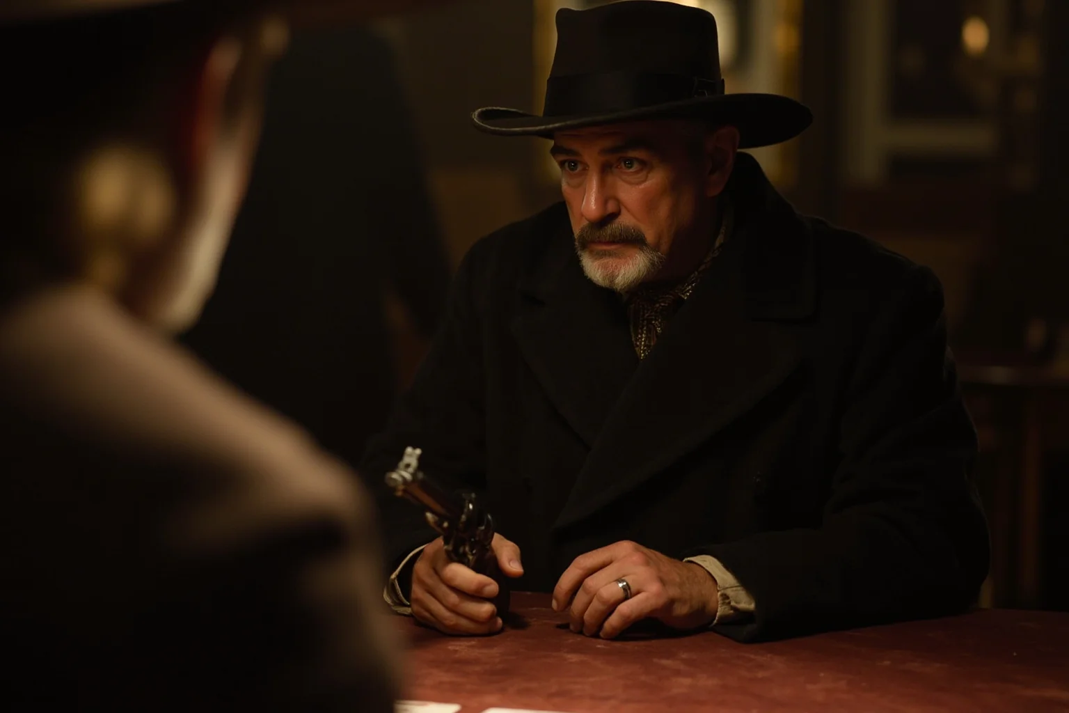 Frontier gunfighter in a long coat facing off at a card table in a dimly lit saloon