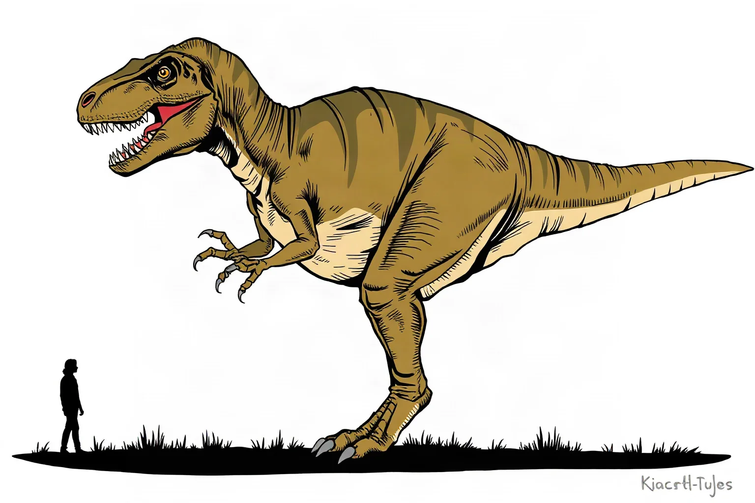 Full-body side view illustration of an adult Tyrannosaurus rex showing its massive scale next to a small human silhouette for size comparison