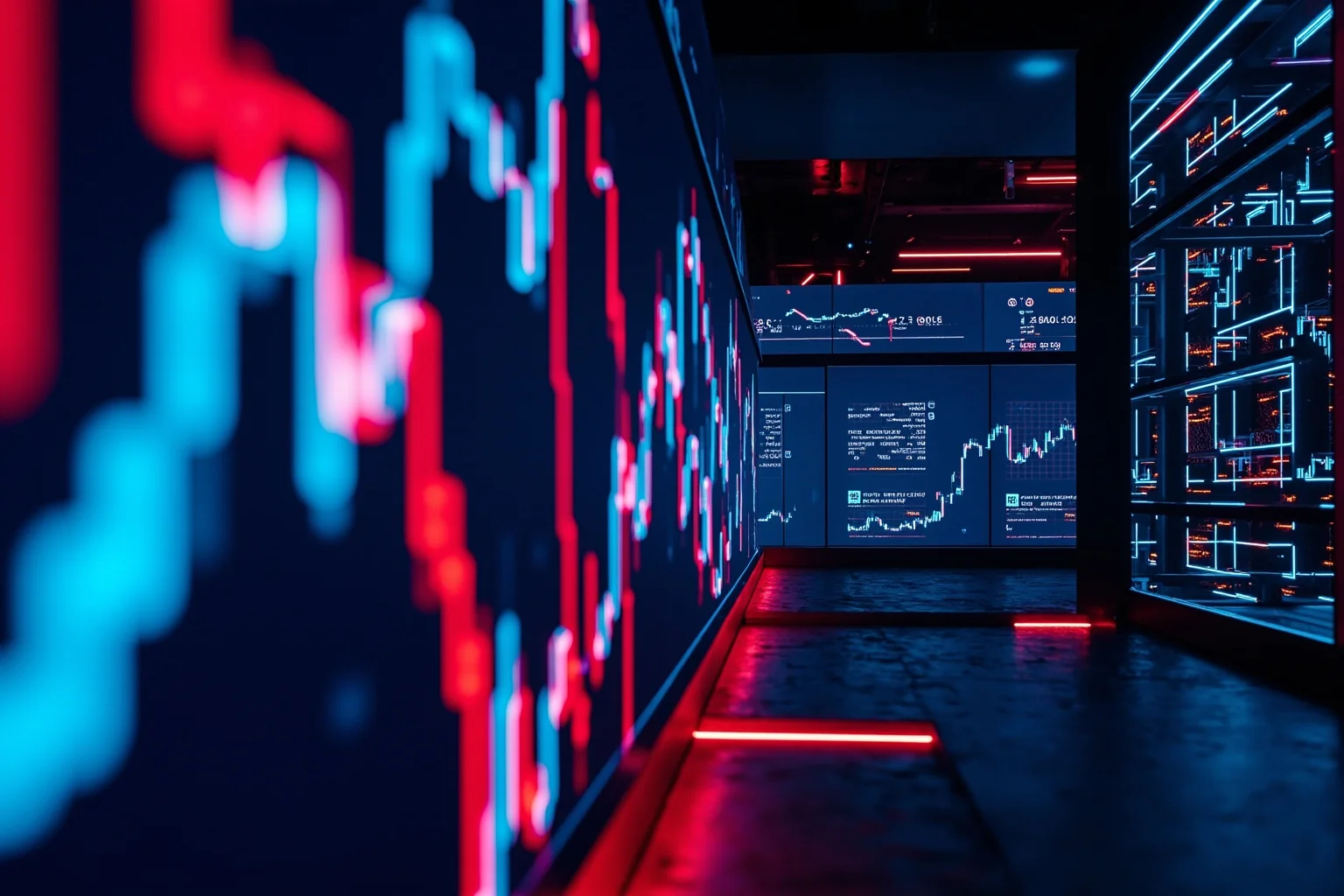 Futuristic cryptocurrency exchange trading floor with digital screens showing falling charts, neon lighting