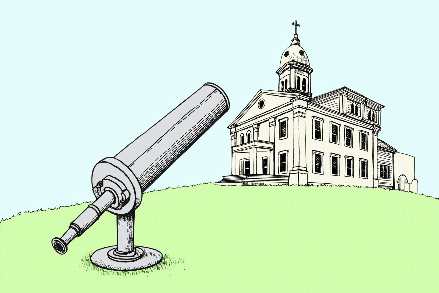 Galileo, Harvard, and 20 Other Unlikely Simultaneous Historical Events 2 A stylized illustration of an old telescope beside a colonial-era university building, symbolizing overlapping eras of science and education