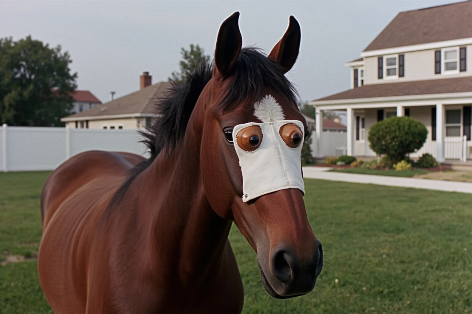 Famous Horses in History: 22 of the Most Legendary Names 19 Gelding horse with expressive, comical face in a suburban American backyard setting, 1960s television sitcom style