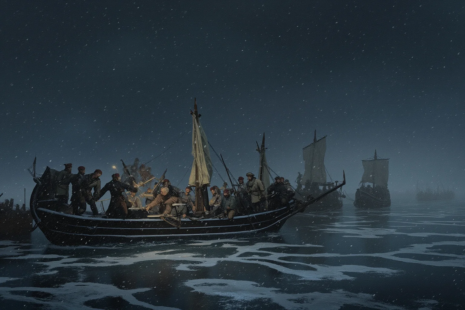 Battles That Defined American History 5 General crossing an icy river with soldiers in small boats at night, snow falling, historical painting style