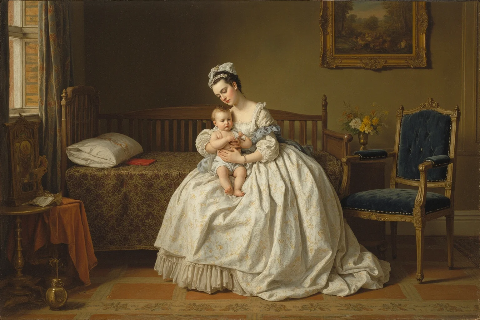 Surprising Facts About Marie Antoinette (And 10 Misconceptions) 9 Gentle painterly illustration of an 18th-century mother figure in court dress holding a small child in a palace nursery