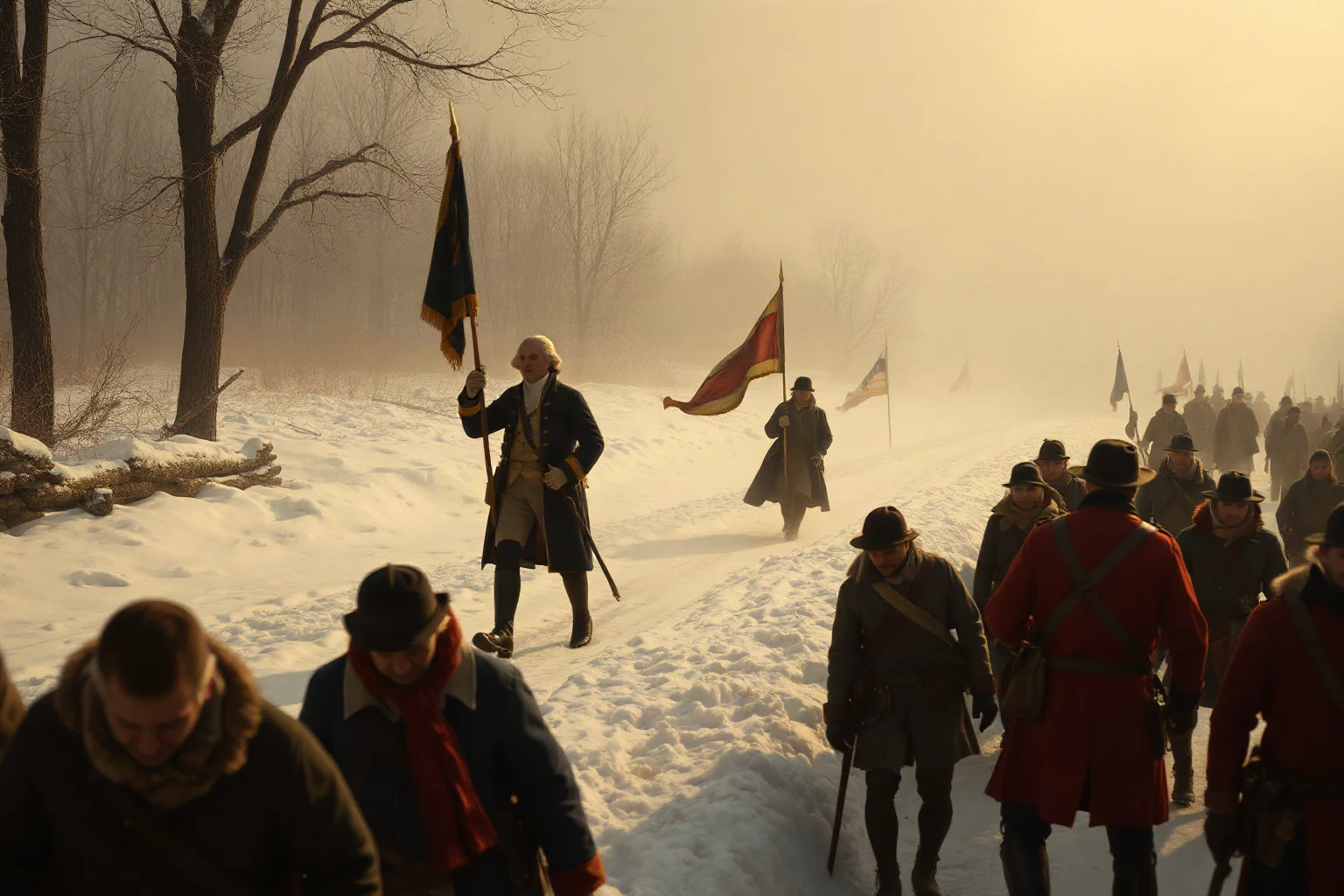 George Washington leading troops through snow during winter encampment, with soldiers trudging through harsh conditions