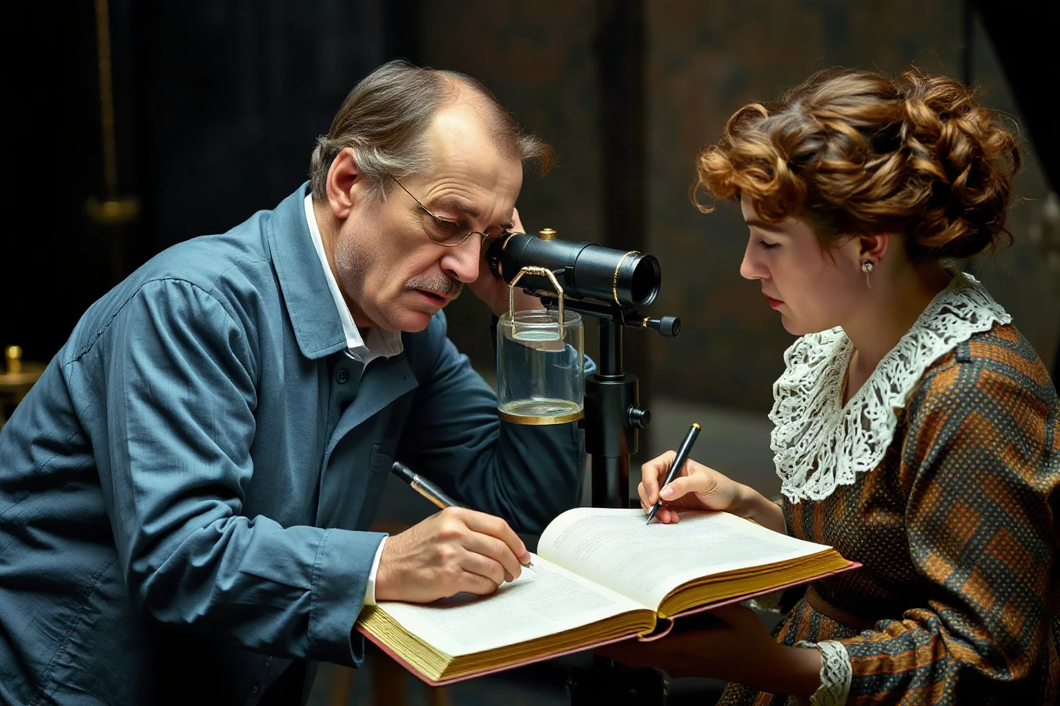 Georgian-era astronomers at a telescope, a man peering through it while a woman records observations in a ledger
