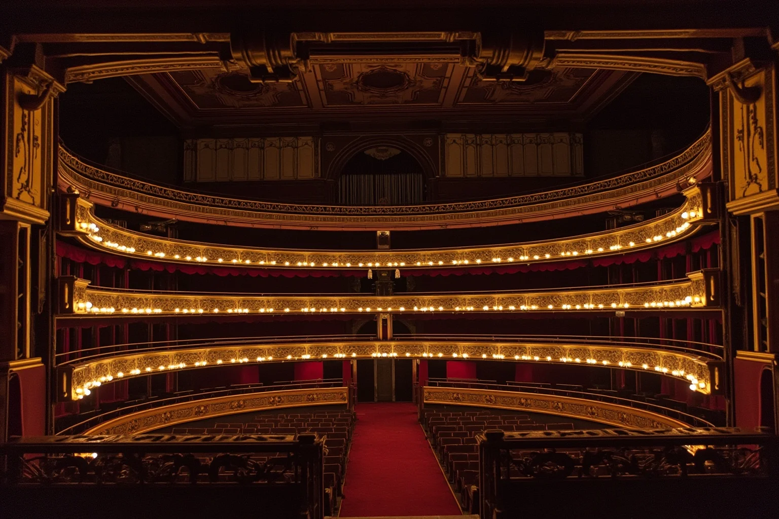 Georgian era English theatre interior with wooden balconies and a modest stage, Bristol style architecture
