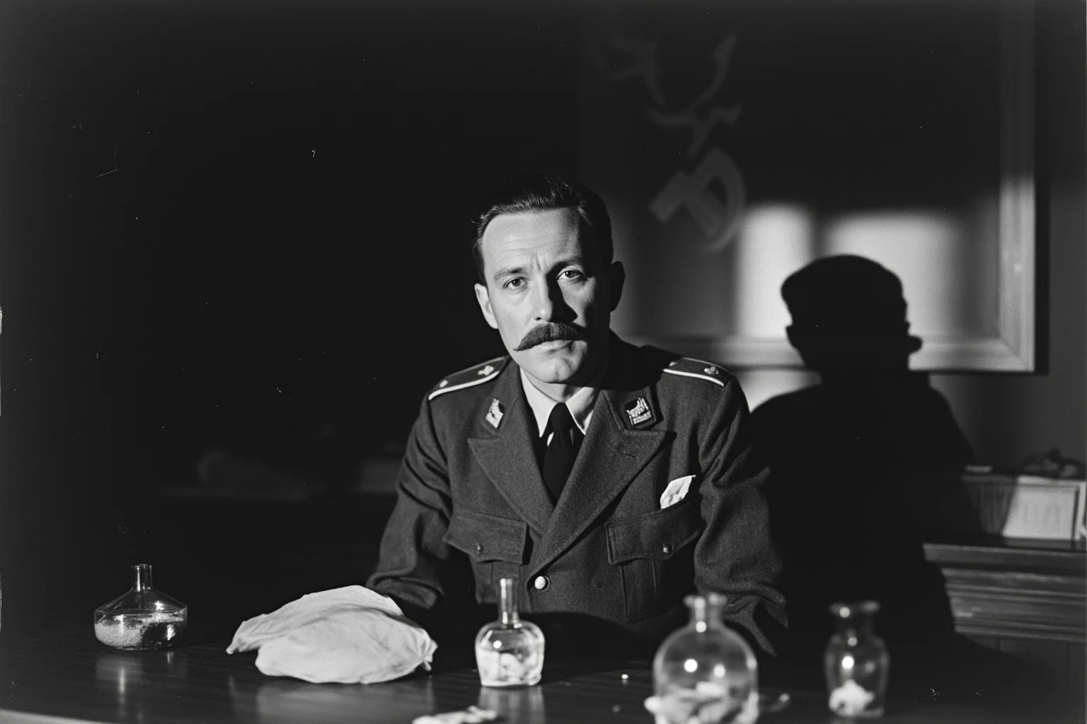 The Most Shameless Traitors of All Time 14 German-born scientist at a laboratory desk during WWII, atomic research materials, Soviet flag in shadows