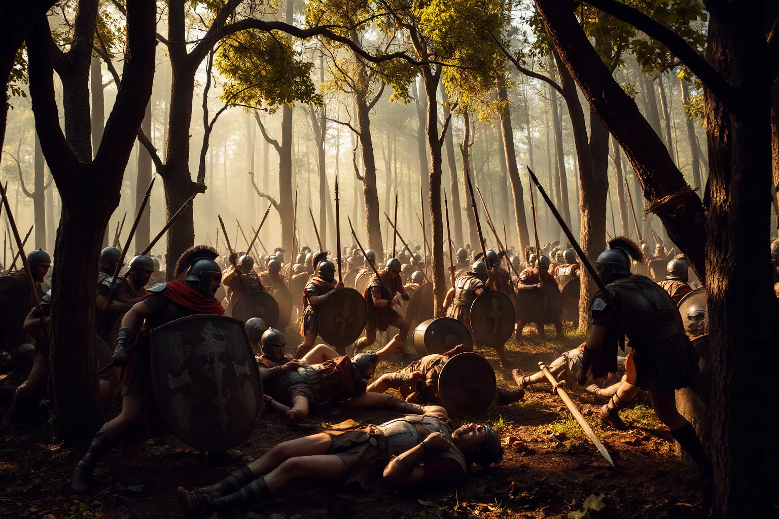 Germanic warriors in forest ambushing Roman legions, dense trees, chaos of close combat, fallen soldiers among the woodland
