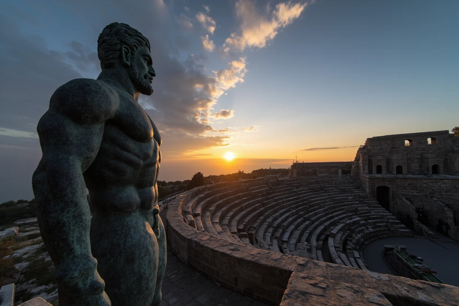 Giant ancient bronze colossus statue standing beside a large stone amphitheater at dusk