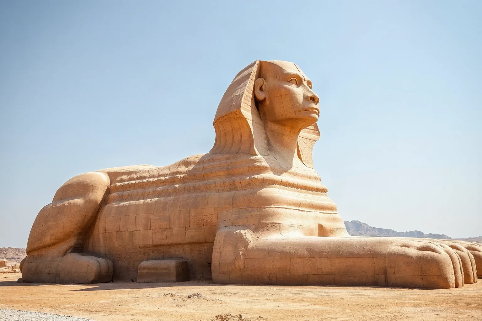 Giant limestone sphinx statue with a lion's body and human head under a desert sky
