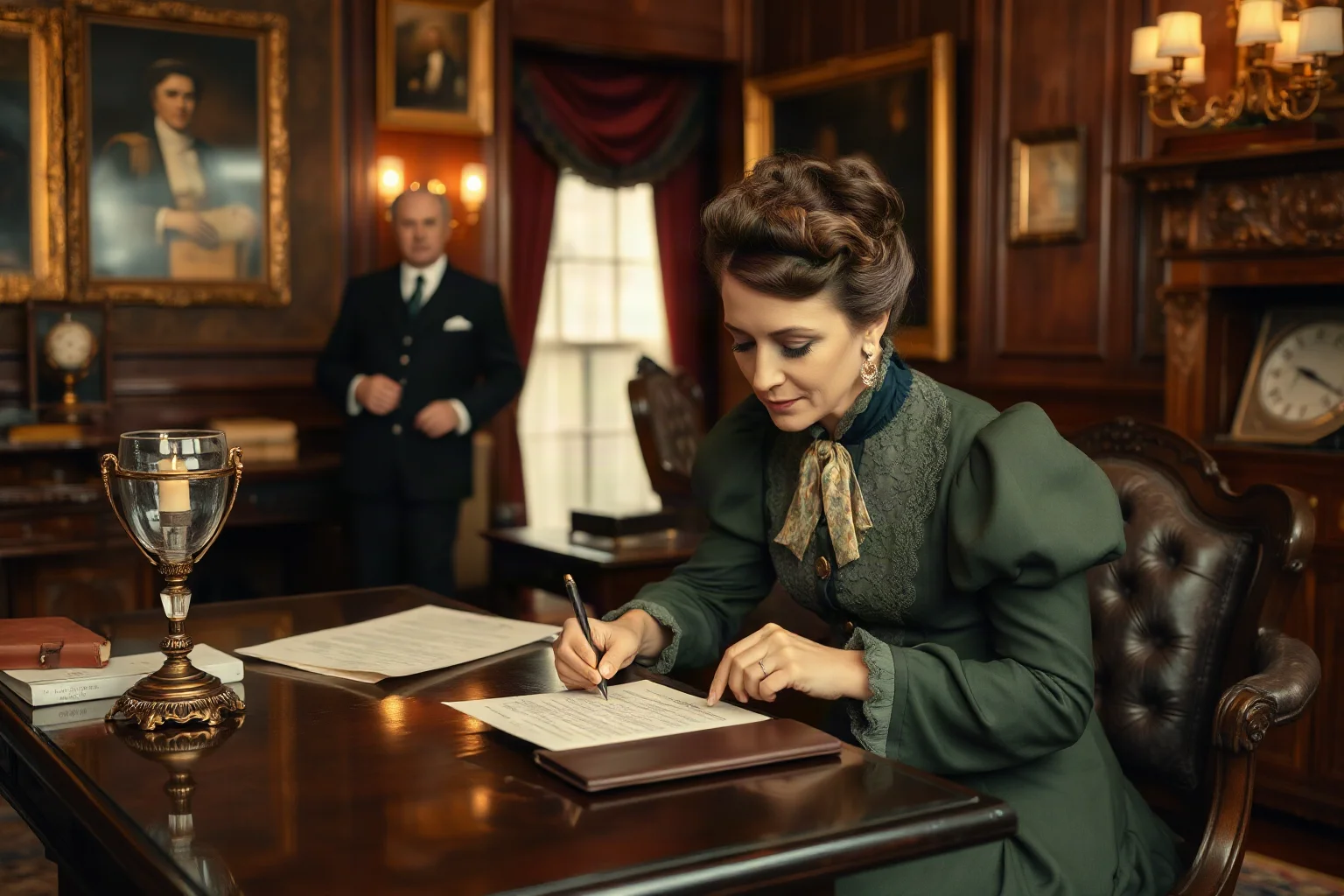 Gilded Age woman in Victorian dress signing forged banking papers in an opulent office