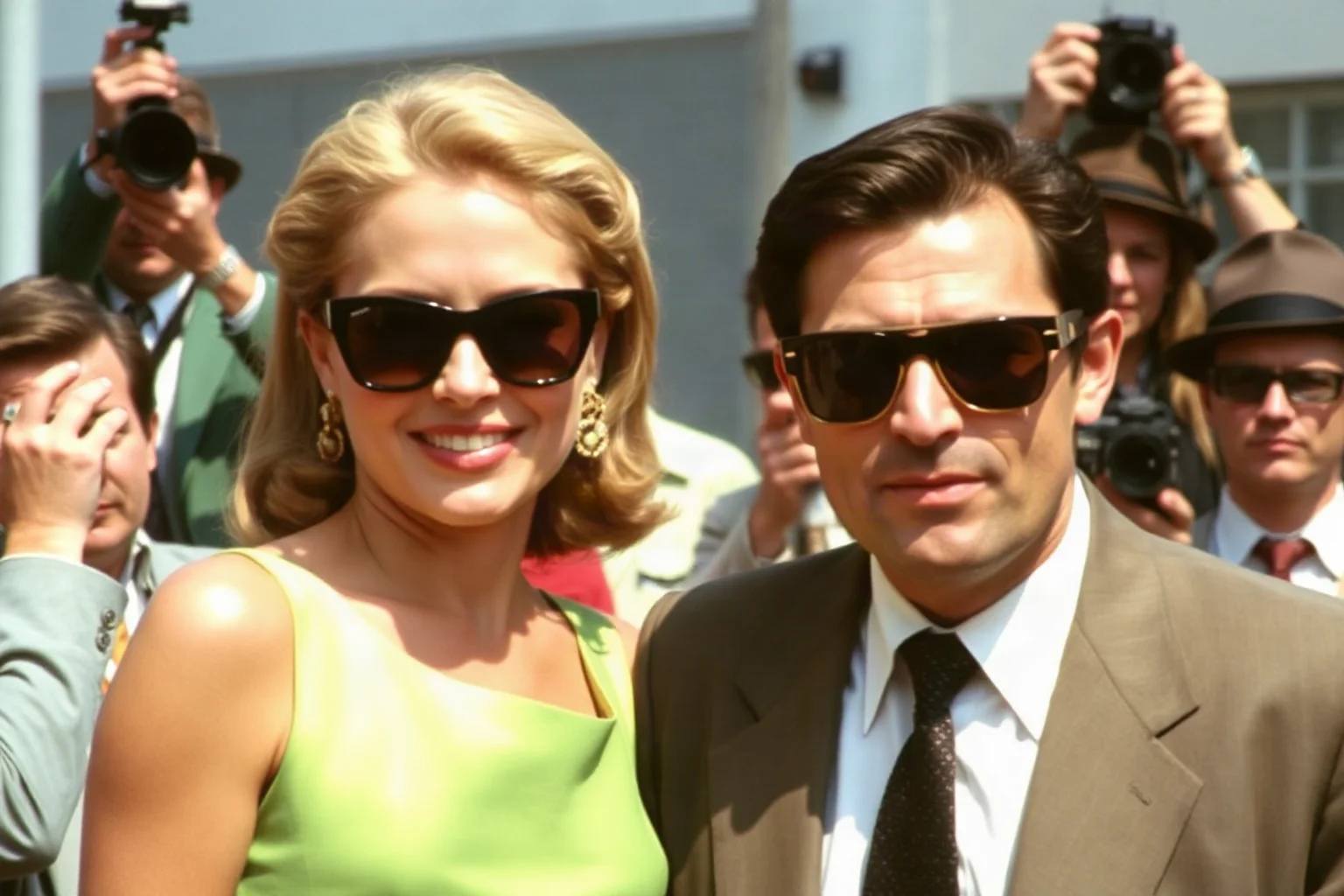 Glamorous 1960s film-star couple in sunglasses posing for paparazzi cameras
