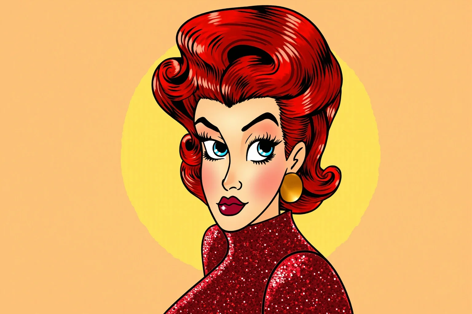From Cleopatra to George Washington: 21 Most Famous Redheads in History 20 Glamorous animated-style femme fatale with wavy red hair and a sequined gown, retro cartoon illustration style