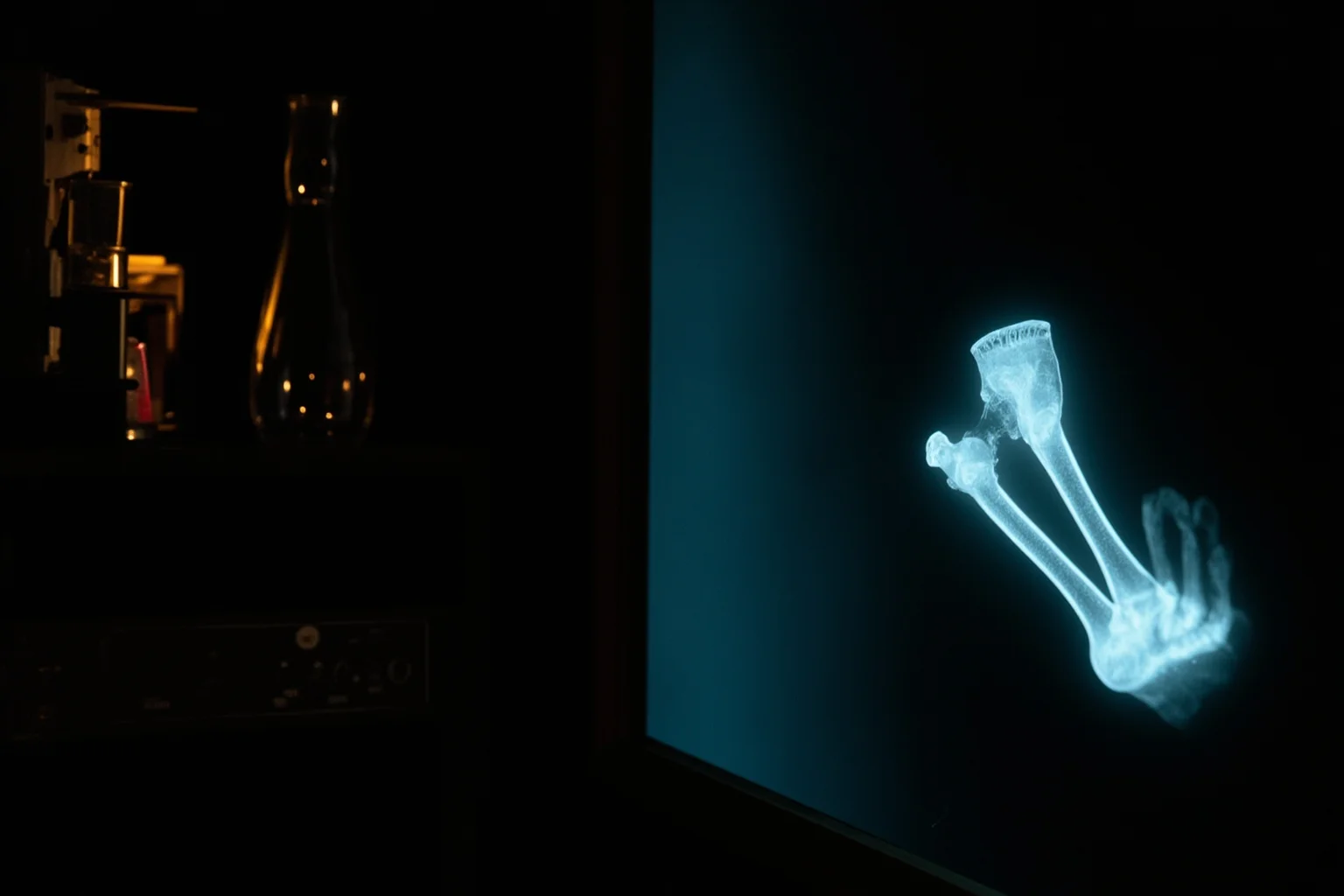 Inventors Who Stole Genius Ideas And Got All Glory 15 Glowing ghostly x-ray style illustration of a hand bone next to old scientific glass equipment